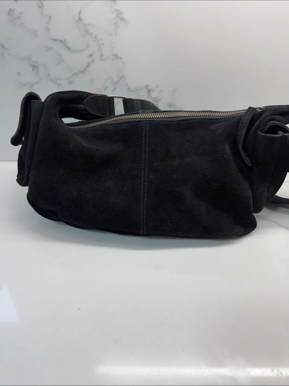 Free People Black Suede Bag with Front Zip Pocket